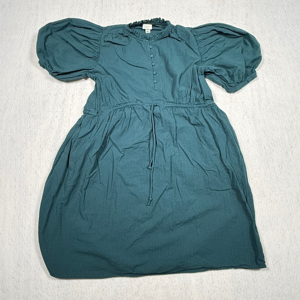 A New Day Womens Puff Sleeve Mini Dress Teal Green Drawstring Waist Pockets M